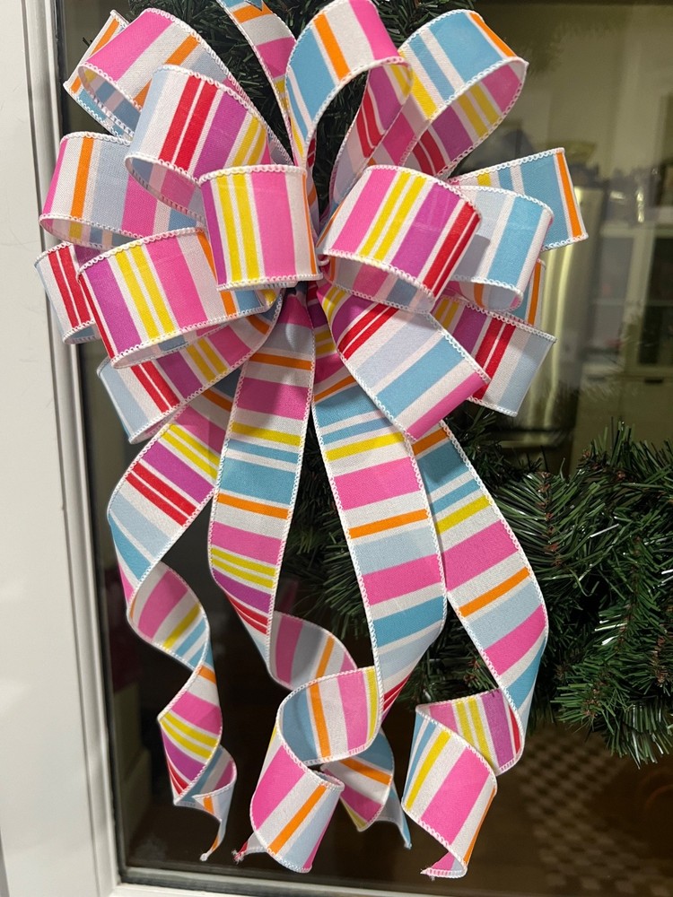 Handmade Bright Color Stripe Bow for Spring Summer Easter Beach Wreath Decor