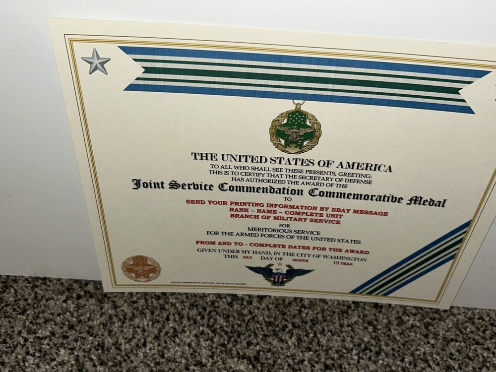 JOINT SERVICE COMMENDATION COMMEMORATIVE MEDAL CERTIFICATE ~ W/PRINTING T-1
