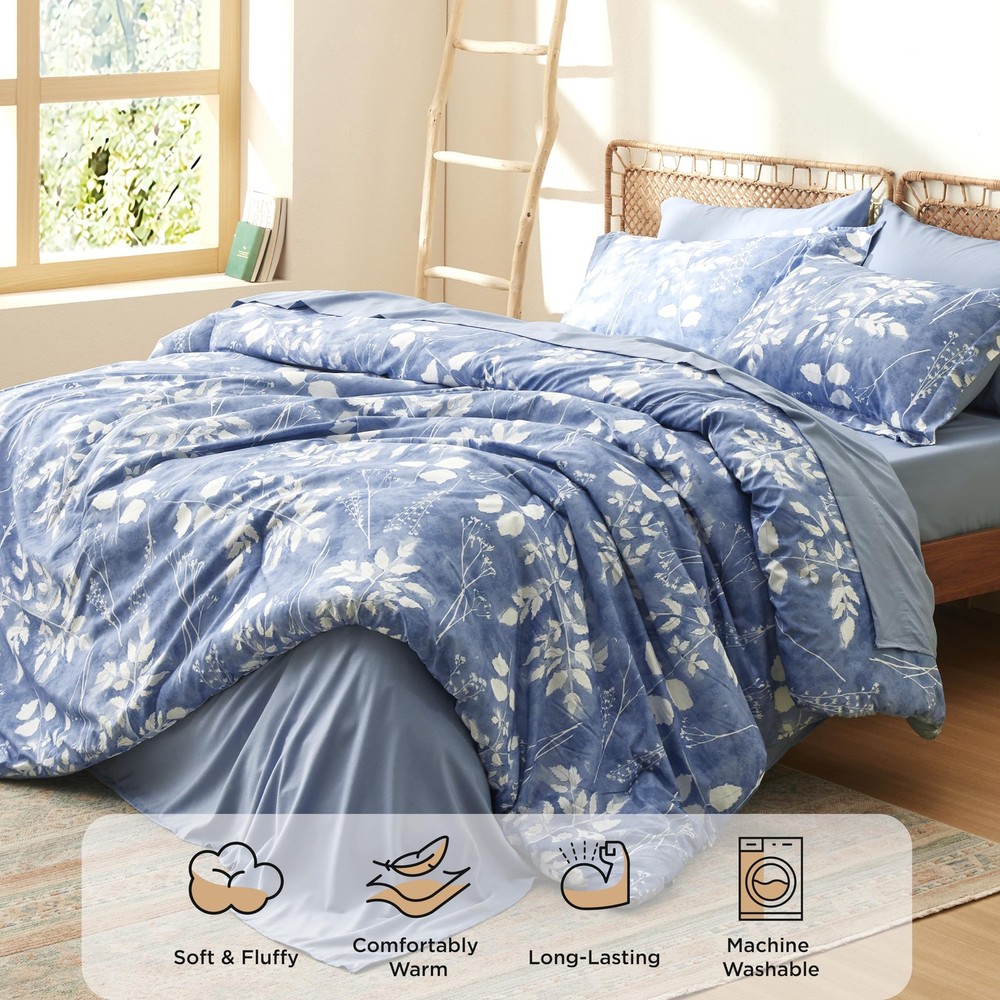 Bedsure King Comforter Set 7 Piece Floral Blue