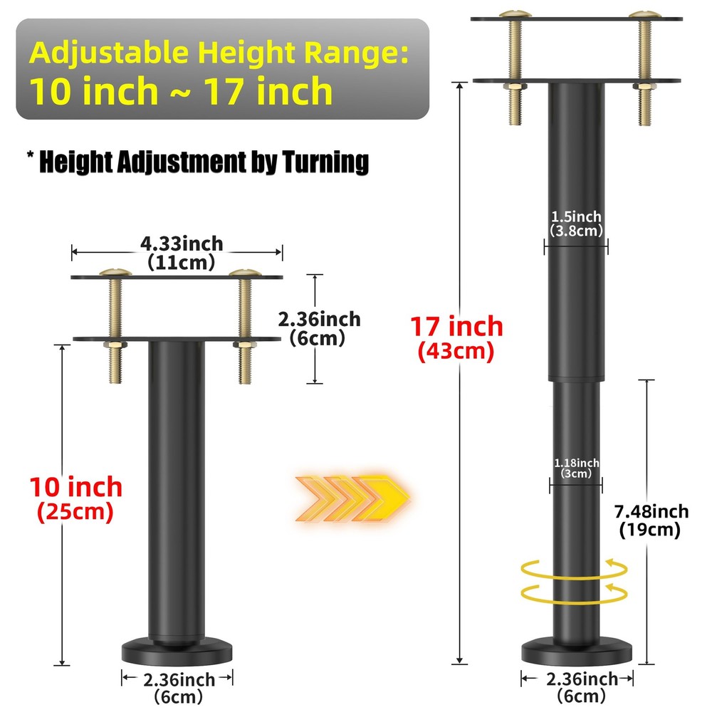 4 Pcs Adjustable Height Bed Support Legs 10-17 inch, Bed Frame Center Support...