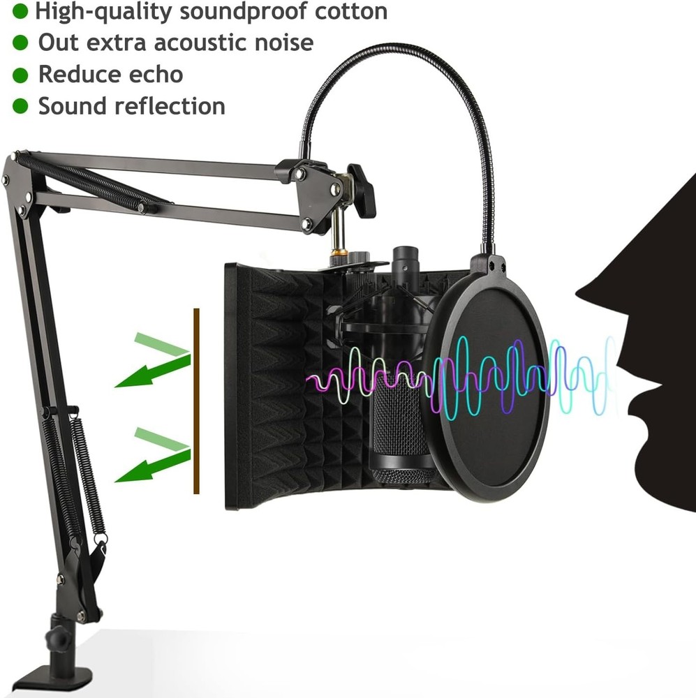 Microphone Stand with Isolation Shield and Pop Filter for Recording