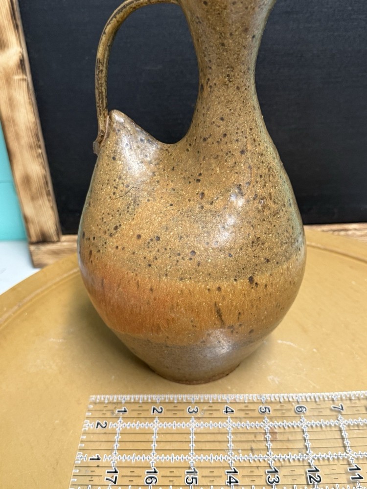Handcrafted Brown/Beige Speckled Art Pottery Pitcher W/pulled Handle