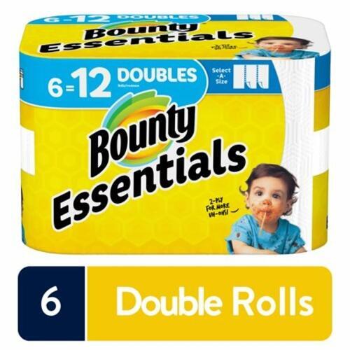 Bounty Essentials Strong Paper Towels, White, 6 pack Double Rolls = 12 Regular