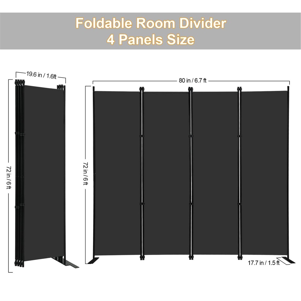 MAYOLIAH 4 Panel Room Divider Screen 6Ft Tall Foldable Privacy 4 Panel, Black