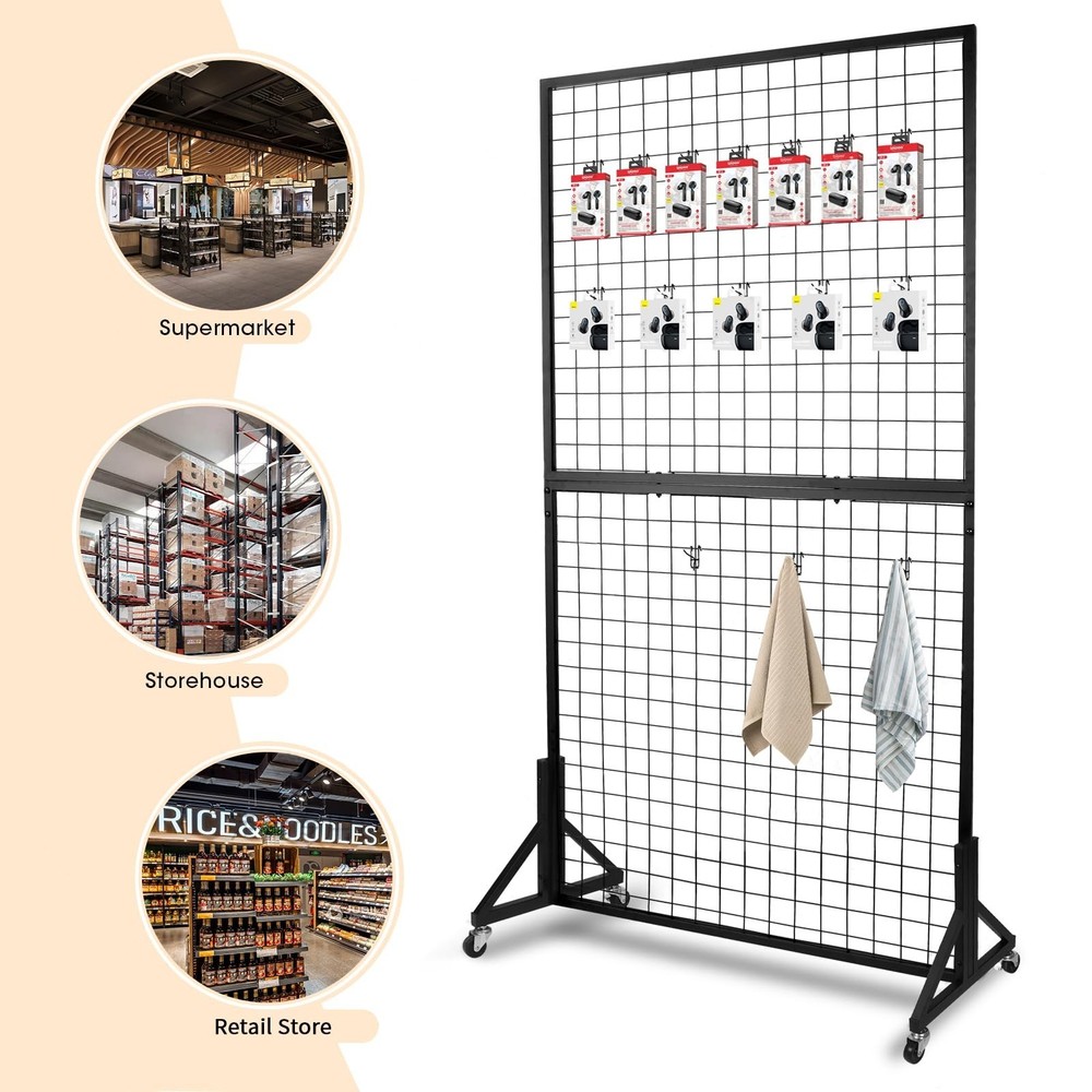 1 Pack 3'x 6' Two-Double Gridwall Panel Display Racks with Sturdy T-Base, Bla...