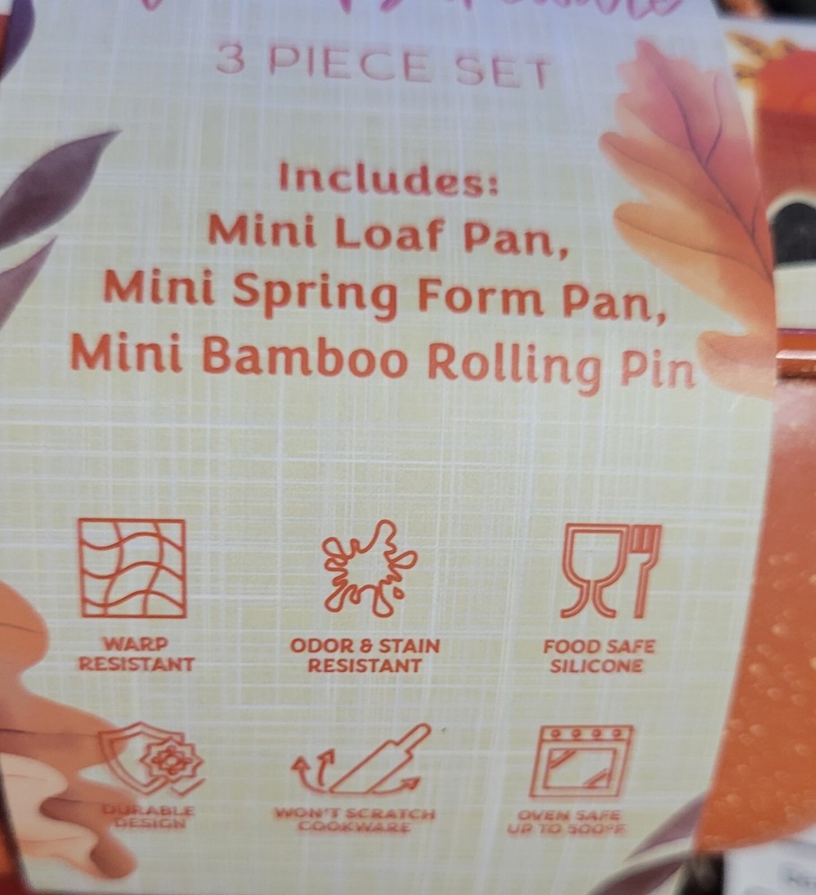 3 Pc Mini Bakeware Set Fall Loaf, Spring Form Tractor, Leaf, Pumpkin Rolling Pin