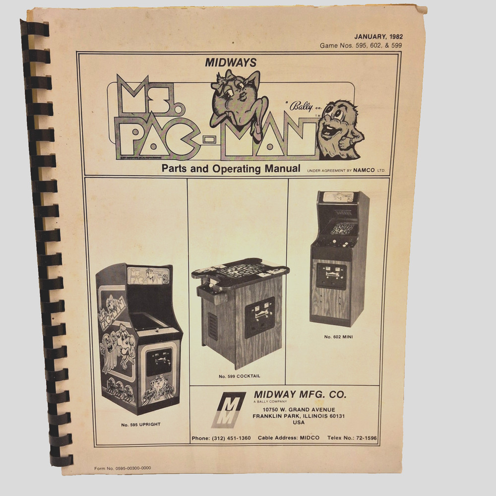 Ms. Pac-Man Pacman 1982 Arcade Operating Manual Midway Game Machine Schematics