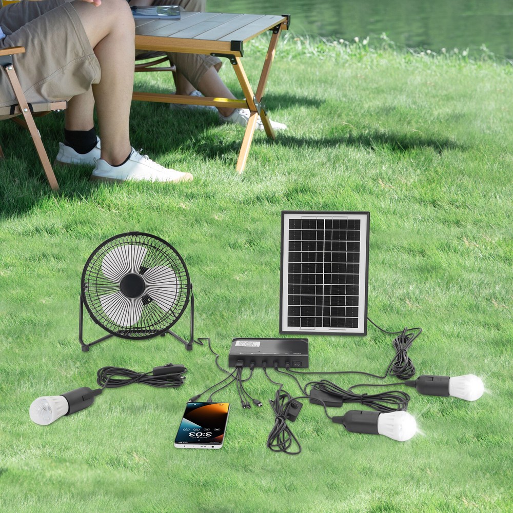 Solar Power Panel Kit Outdoor Camping USB Charging System W/ LED Light & 8" Fan