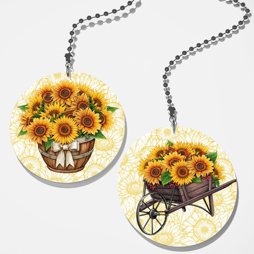 Set of 2 Coordinating Garden Sunflowers Fan Pull / Light Pull