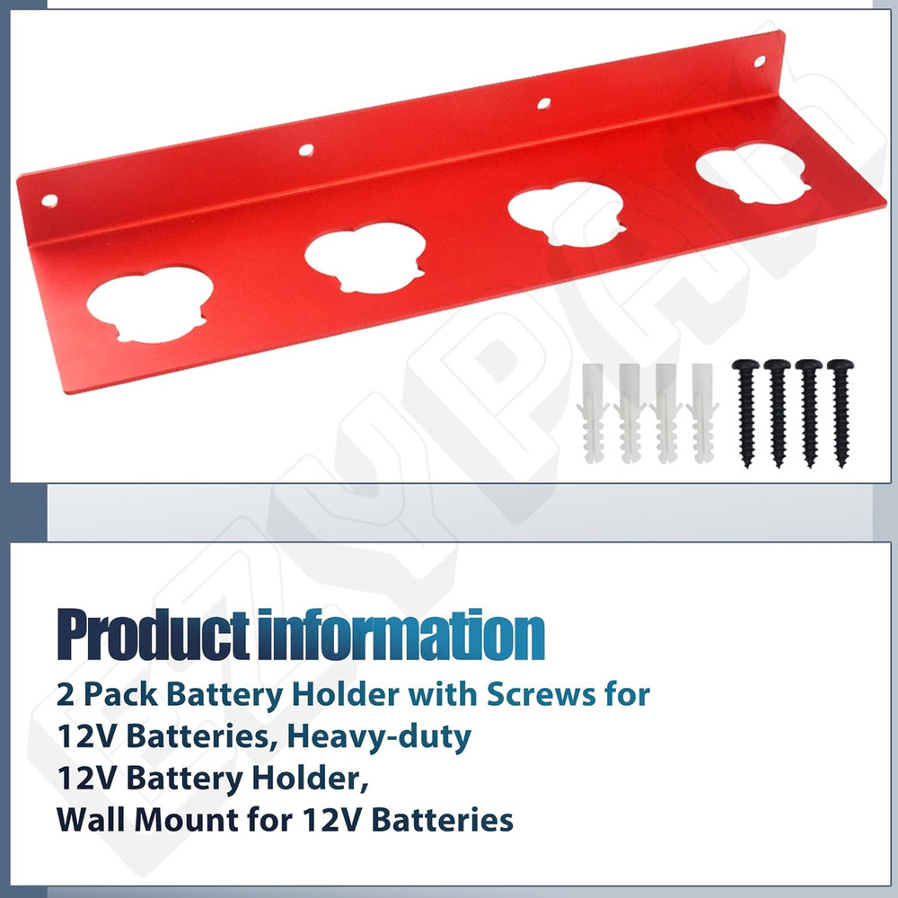 12V Battery Holder Wall Mount - 2 Pack with Storage Accessories