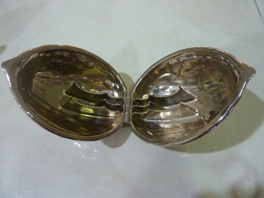 Vintage NUT CRACKER Silver Tone Metal Walnut Shaped Hinged 5”