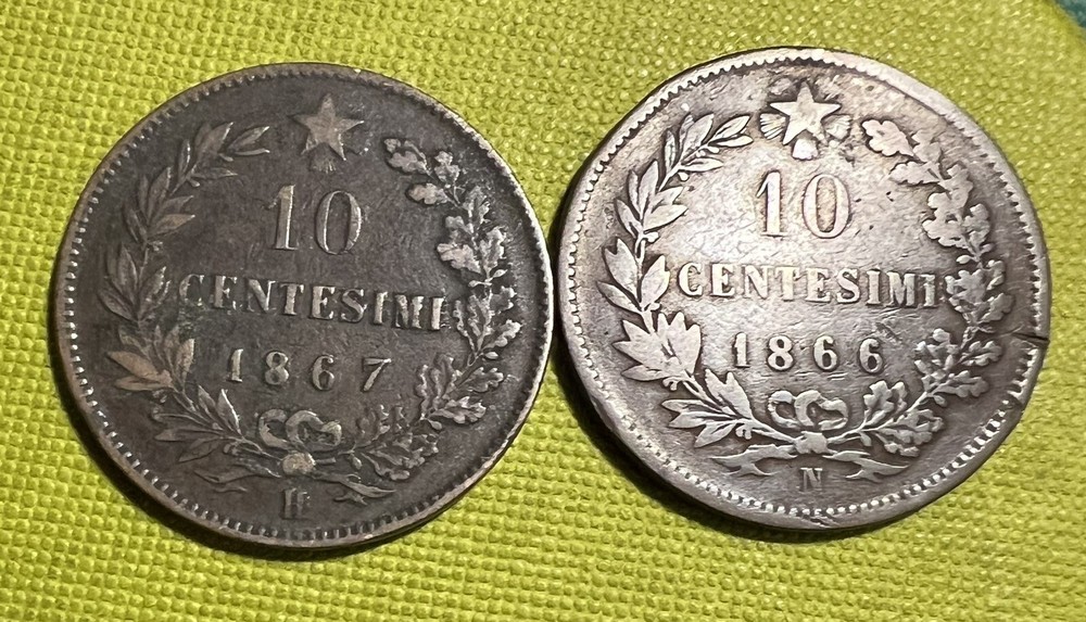 1866, 1867 Italy 10 Cent Coins