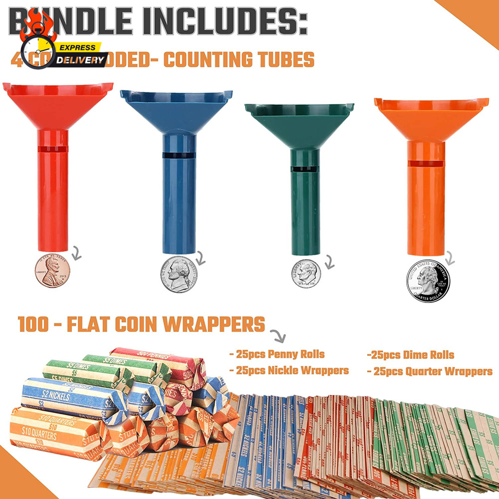 Coin Storage & Sorter Tubes 4 Color – Coded Coin Counters Tubes and Assorted Coi