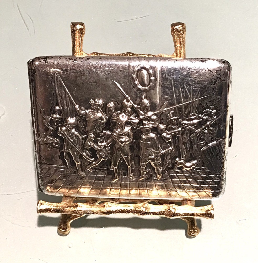 Vintage Zipla 90 Repousse Fight Scene Embossed Back Silver Plate Cigarette Case
