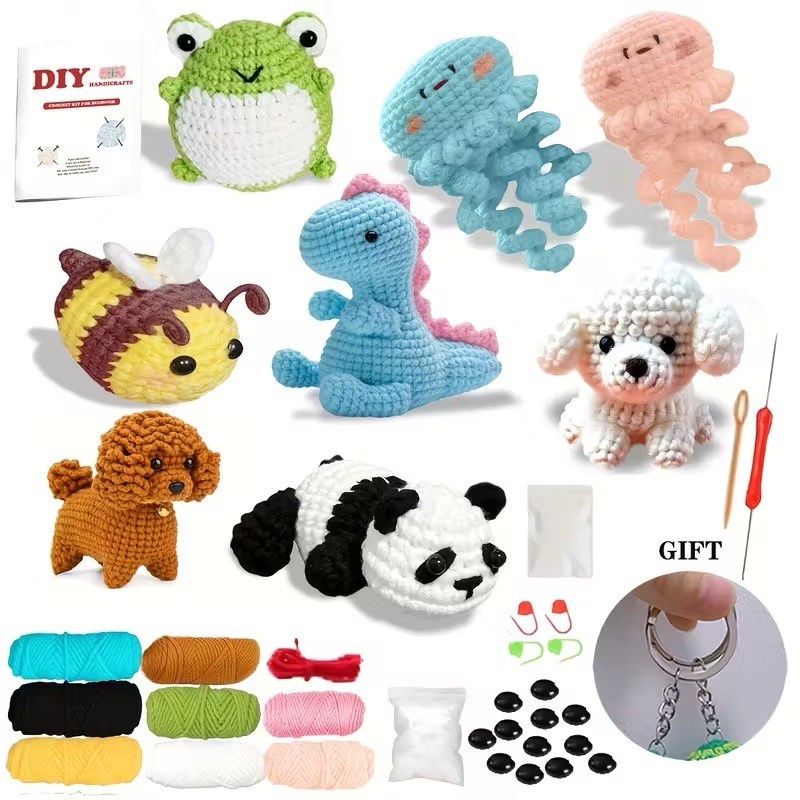 Beginner Crochet Starter Kit 8PCS w/ Animal Patterns, Yarn, Hooks & Video Guide