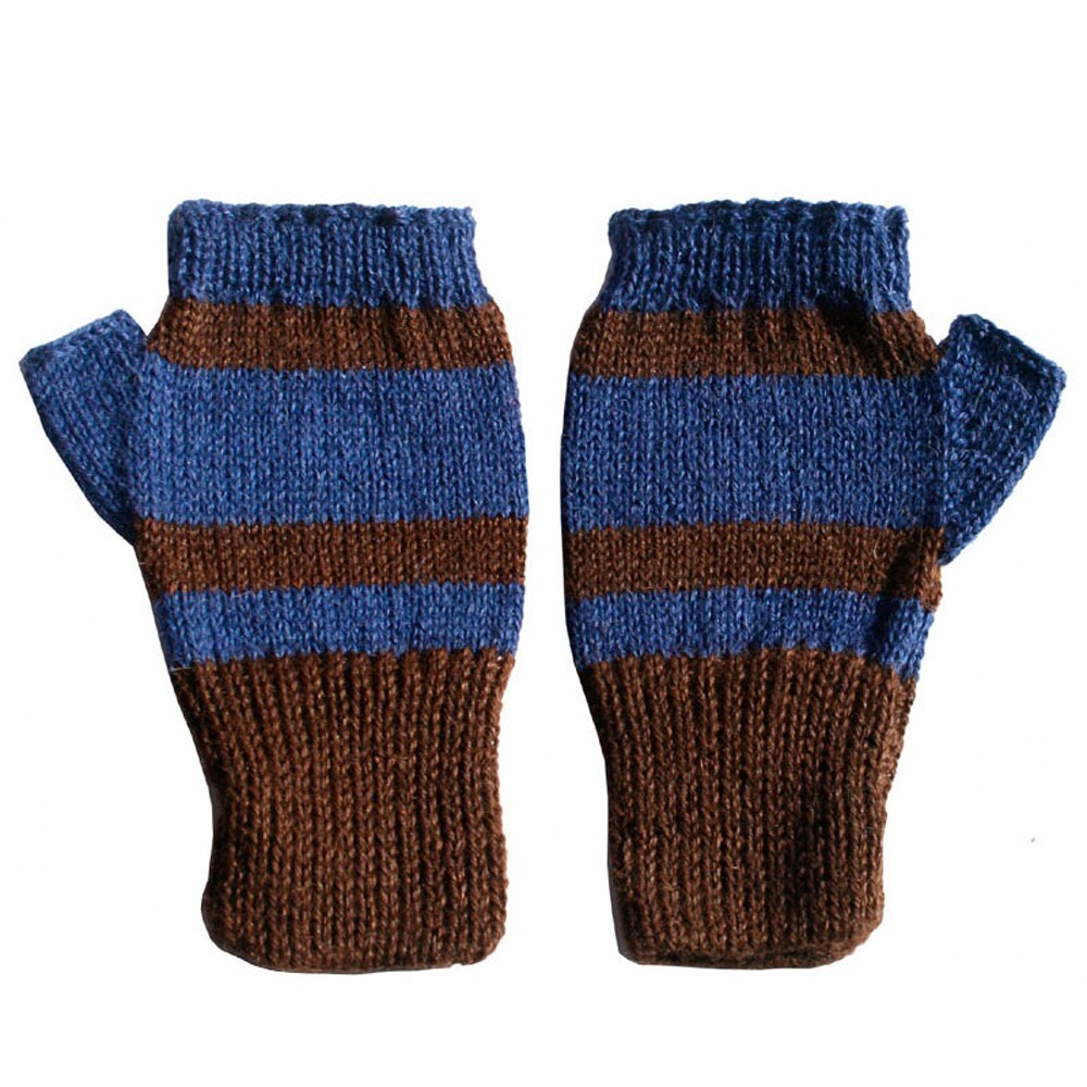 Classic 100% Alpaca Fingerless Mittens - Brown / Sapphire Blue (S)