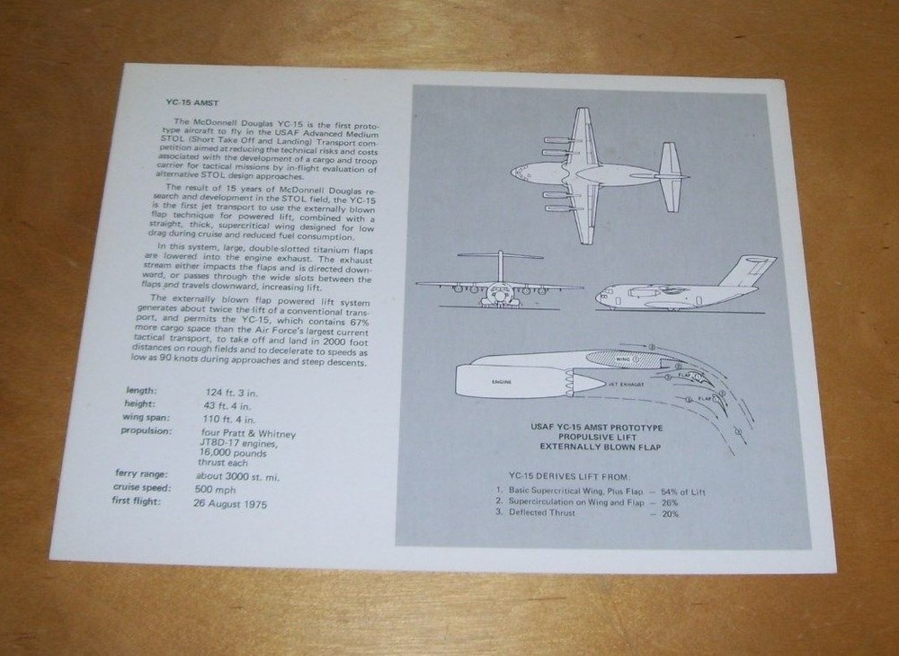 MCDONNELL DOUGLAS YC-15 ASMT SPECIFICATION & DESCRIPTION CARD