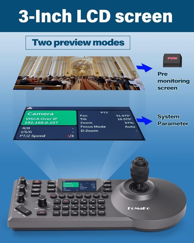 PTZ Controller Poe NDI PTZ Camera Controller 3" LCD Screen Preview, 4D Joystick