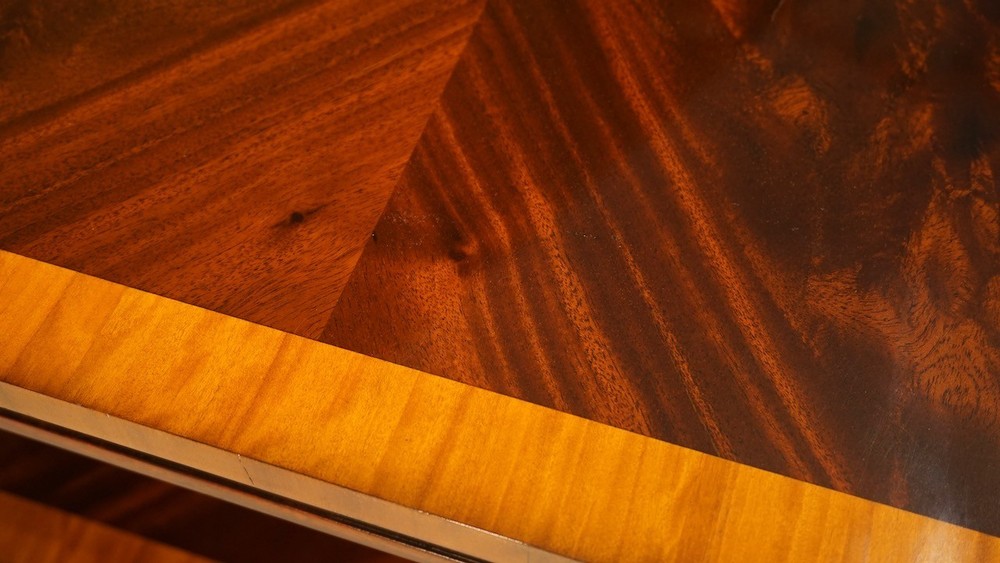 Rectangular Flamed Mahogany Coffee table with banding and lower shelf