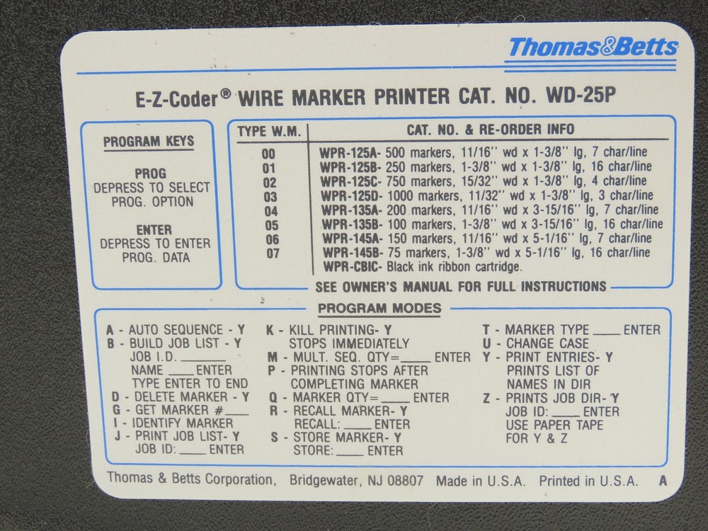 Thomas & Betts WD-25P E-Z-Coder Wire Marker Printer Tested & Working
