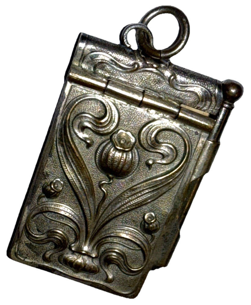 ANTIQUE VICTORIAN SILVER TONE REPOUSSÉ THISTLE CHATELAINE NOTE PAD PENCIL PAPER