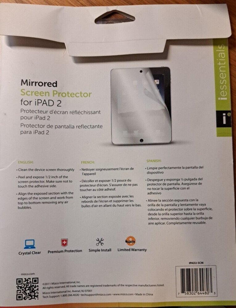 Protective Screen Shield iPAD 1 Cover, Mirrored Screen Proctector