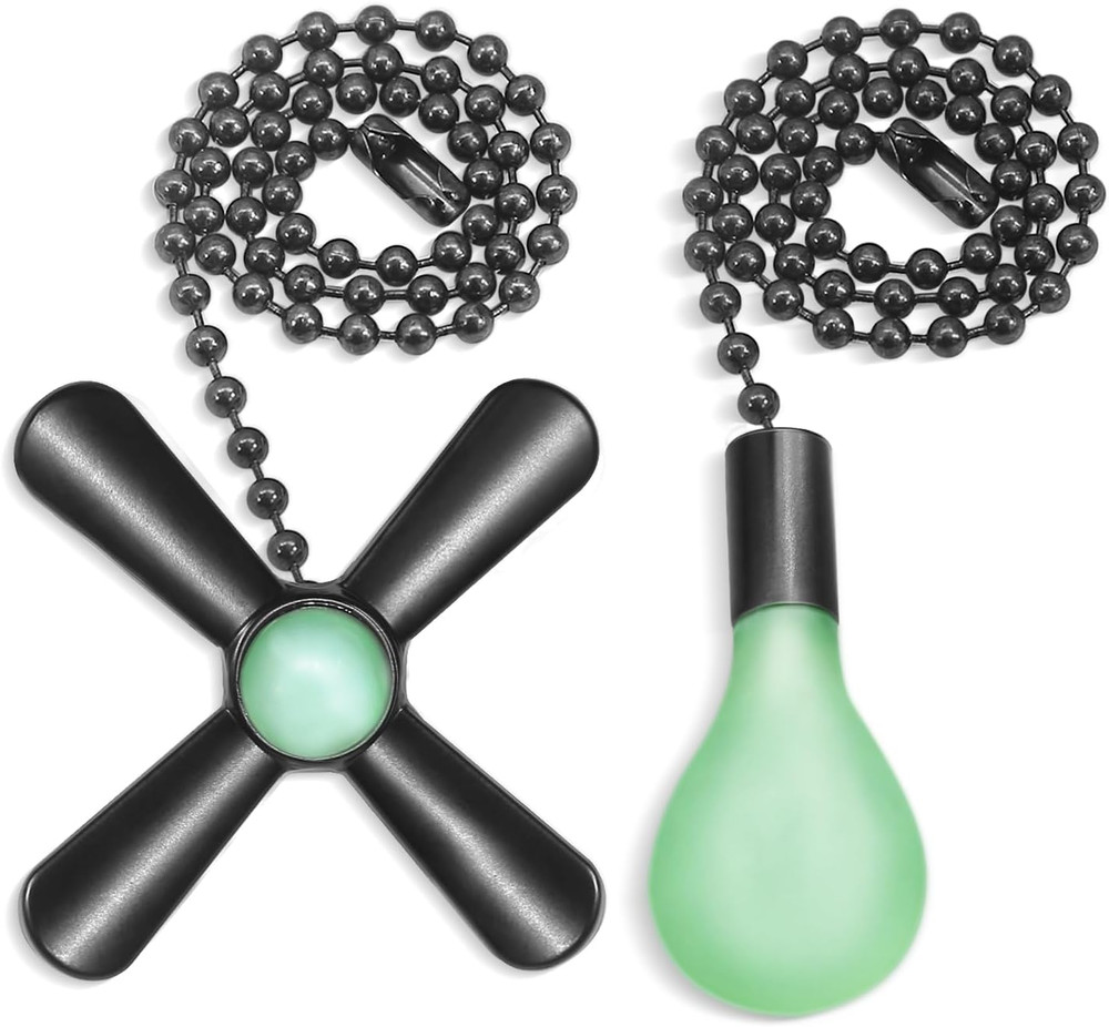 Black Ceiling Fan Pull Chain 2-Pack – 12in Beaded Glow-in-the-Dark Extenders