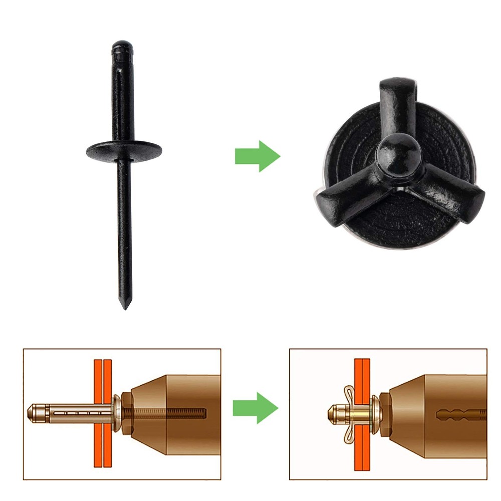 ISPINNER 50pcs 3/16 x 1 Large Head Tri-Fold Exploding Aluminum Pop Rivets Black