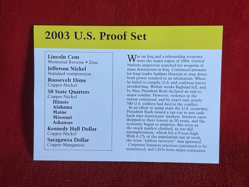 2003 US Proof Set Divider Card Yellow Border