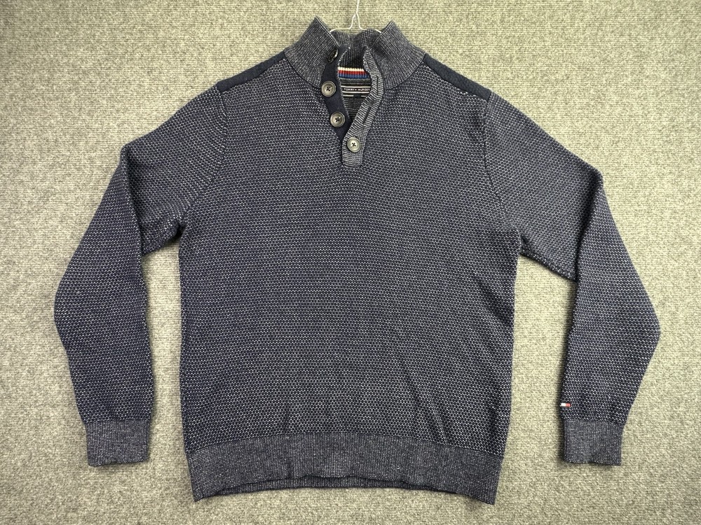 Tommy Hilfiger Knit Sweater Mens X-Large Pullover Mock Neck Blue Wool Stretch