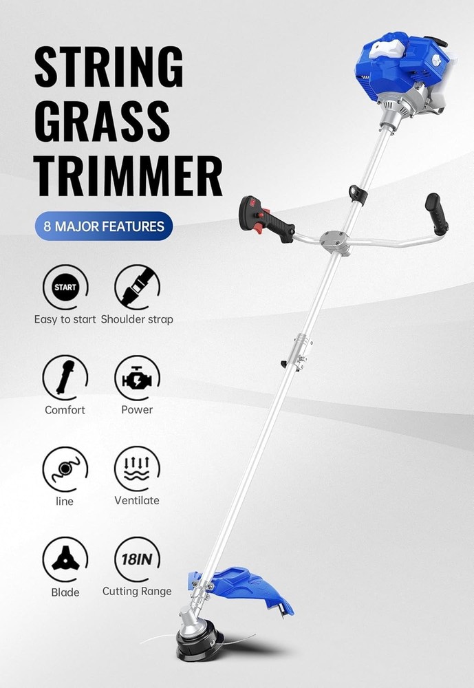 52cc Full Crank Gas Weed Wacker - 18" String Trimmer with Shoulder Strap