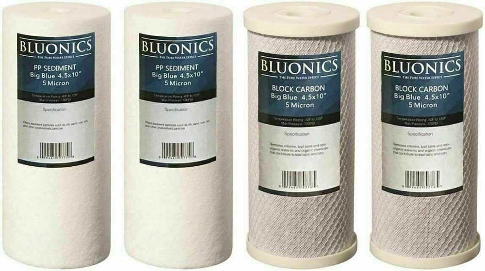 Bluonics 4pc CTO Carbon Block & Sediment 4.5 x 10" Replacement Filter Cartridges