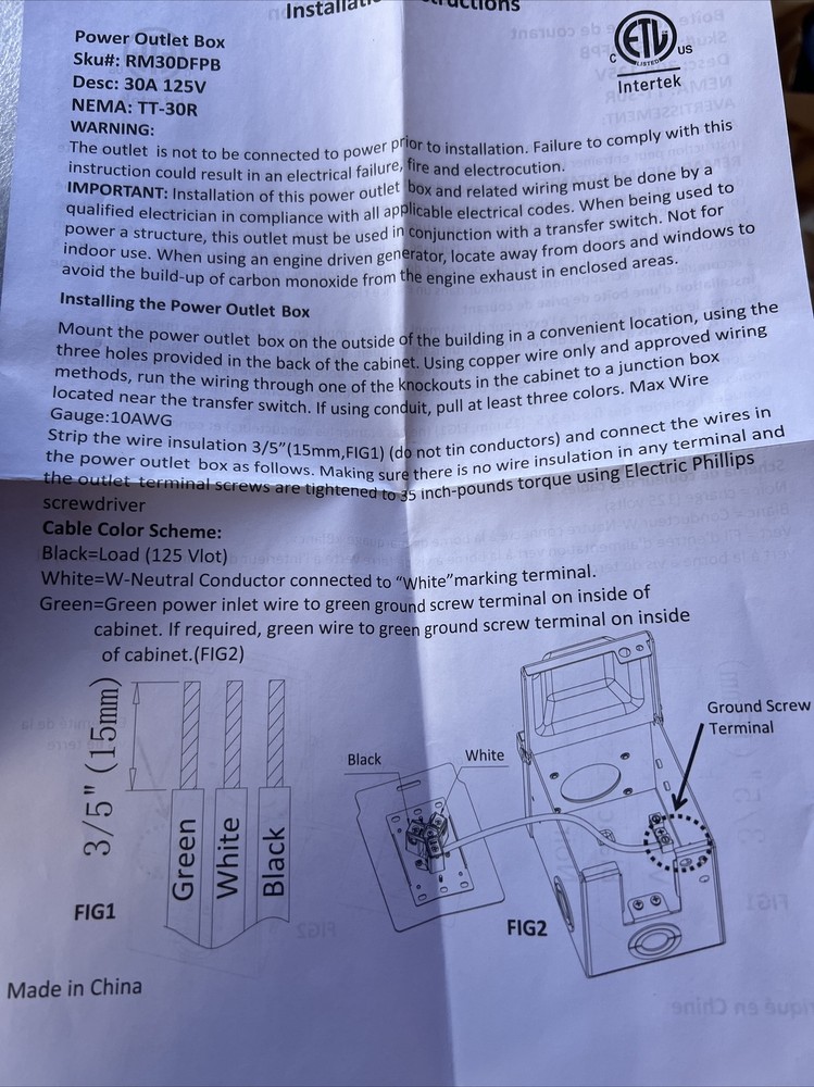 30 Amp RV Power Outlet Box 125 Volt NEMA:TT-30R (out Doors) Recreational.