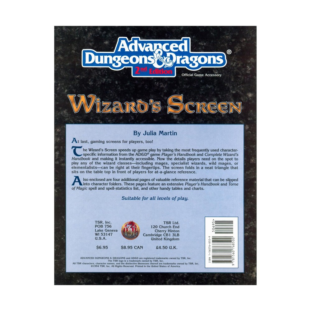 TSR AD&D 2nd Ed Wizard's Screen Bag VG