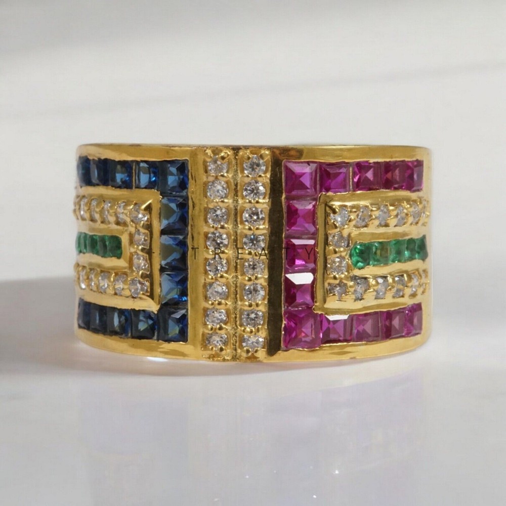Ruby Square Cut With 925 Sterling Silver Gold Plated Ring For Men's #A113