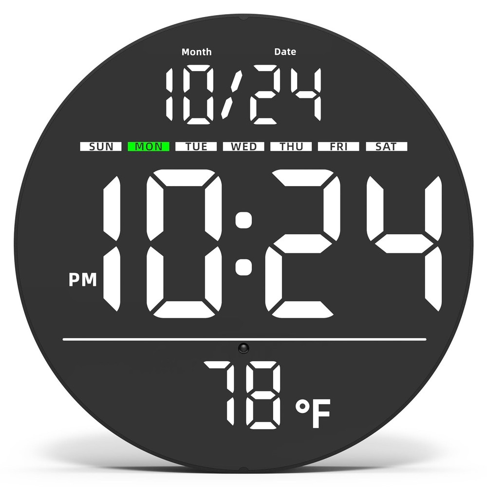Digital LED Wall Clock w/ Large Display, Date, Temp, Auto-Brightness - 80 Charac