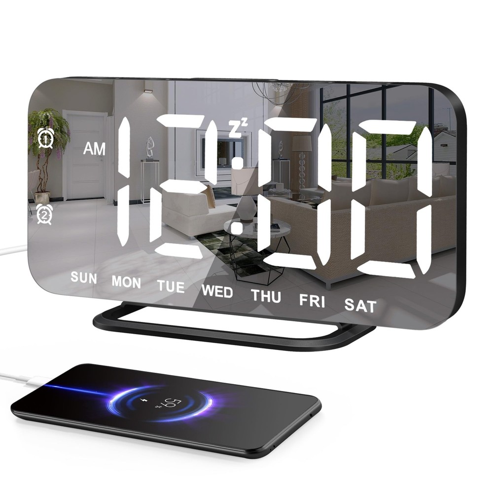 Slim LED Digital Alarm Clock, Mirror Surface for Makeup, with Diming, Large D...
