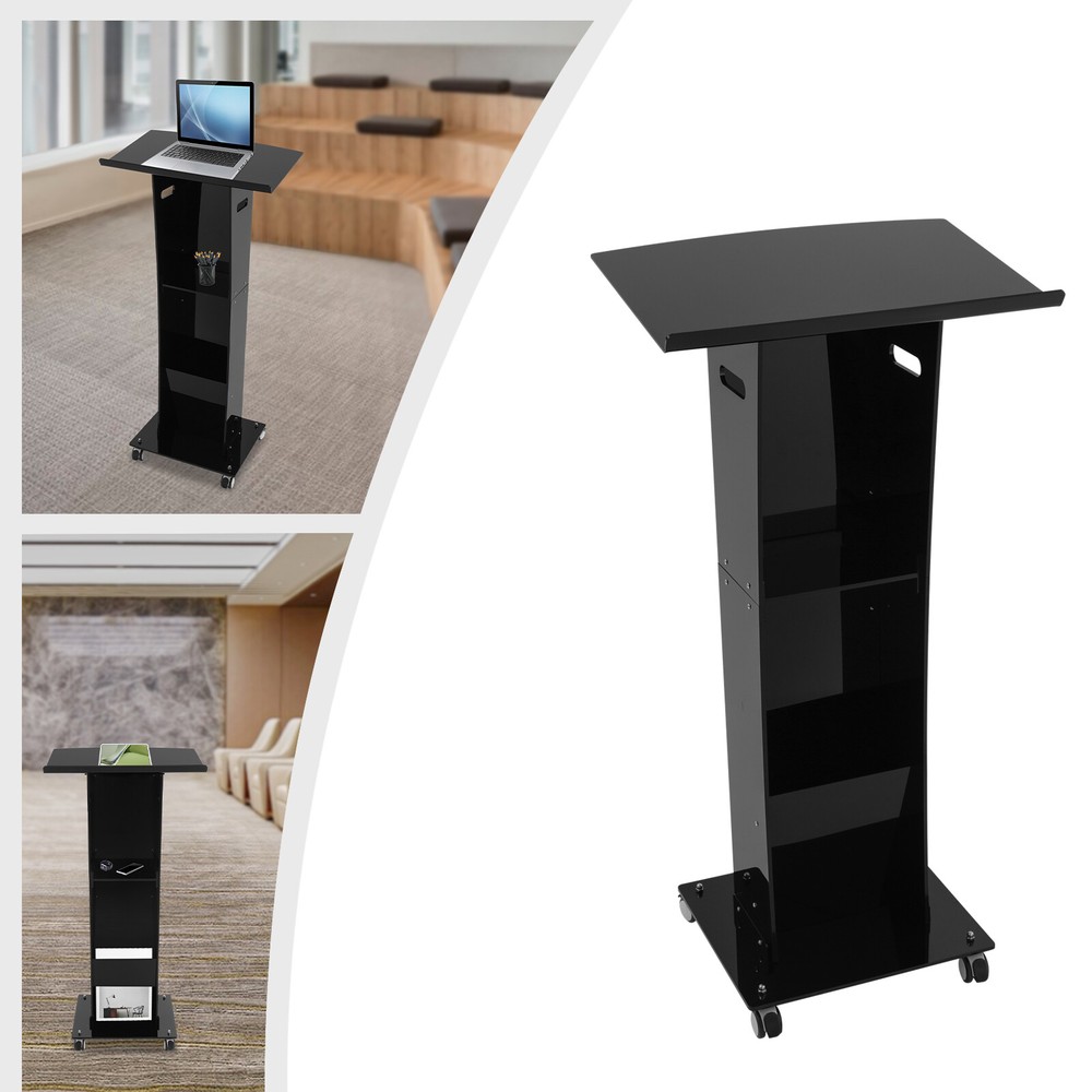 Acrylic Podium 48.4" Rolling Acrylic Podium Stand Reading Surface Storage Shelf