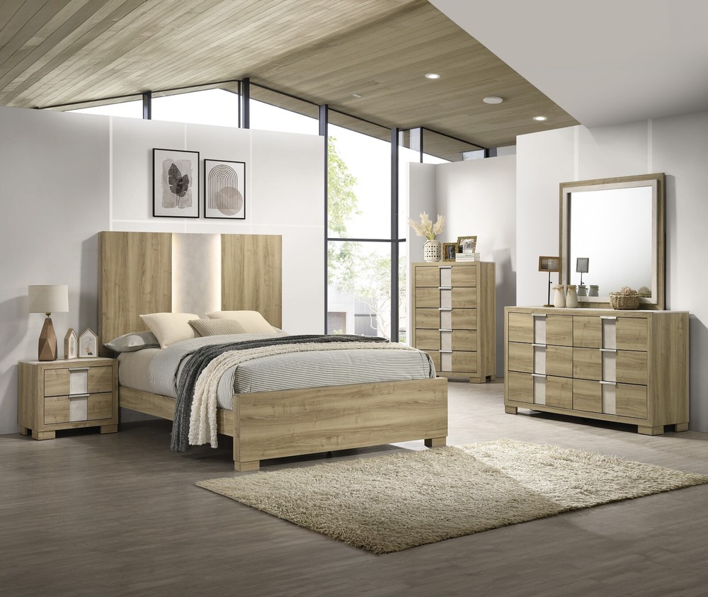 3Pc Driftwood Finish Queen LED Light Integrated Panel Bed 2x Nightstands Set