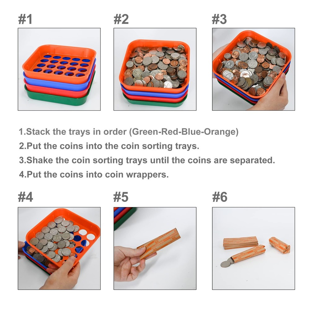 Coin Sorters Tray, 4 Color-Coded Coin Sorting Tray with 160 Assorted Coin Roll W