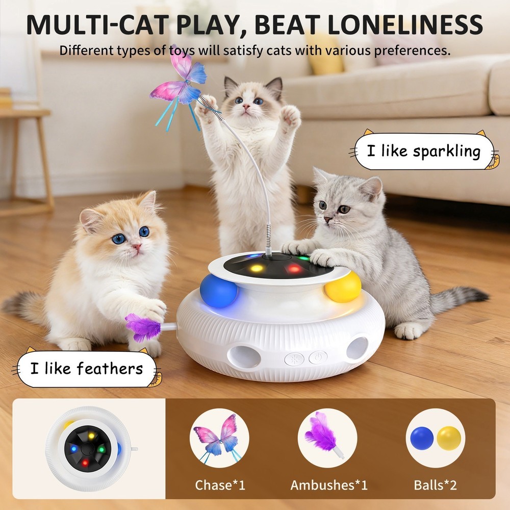 USB Cat Toy, 3-in-1 Automatic Interactive Electronic Moving Ambush Feather Toy