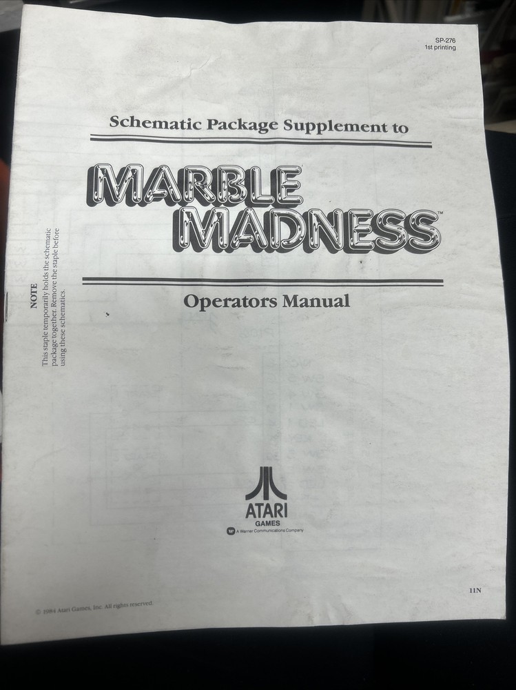 Atari MARBLE MADNESS Schematic Package Arcade Game Manual - good used original