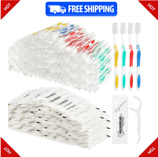 300 Pcs Bulk Toothbrushes & Dental Floss Set Individually Wrapped Soft Bristl