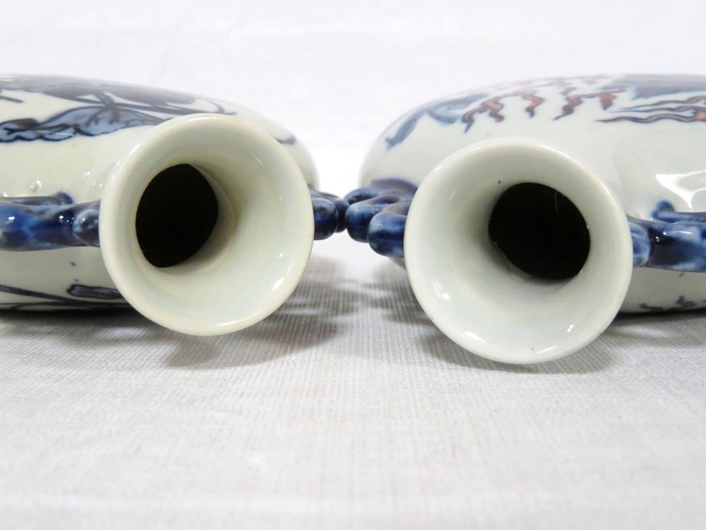 Pair of 6.5" Blue & White Moon Flask, Pilgrim Bottles - Same Stamp Underneath