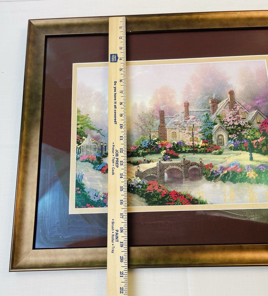 Thomas Kinkade "Beyond Spring Gate" Completed Cross Stitch Matted Framed 24”x21”