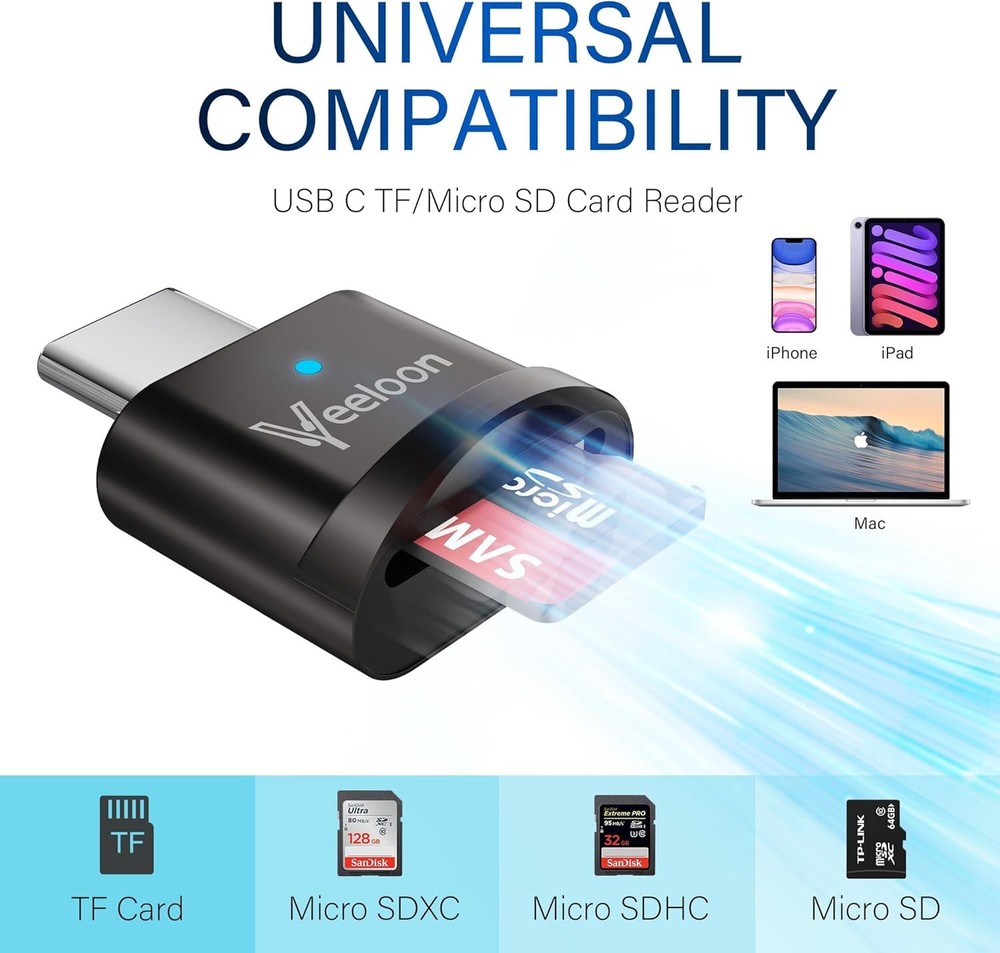 Type C Micro SD/TF Card Reader，Portable OTG Adapter with Space Grey