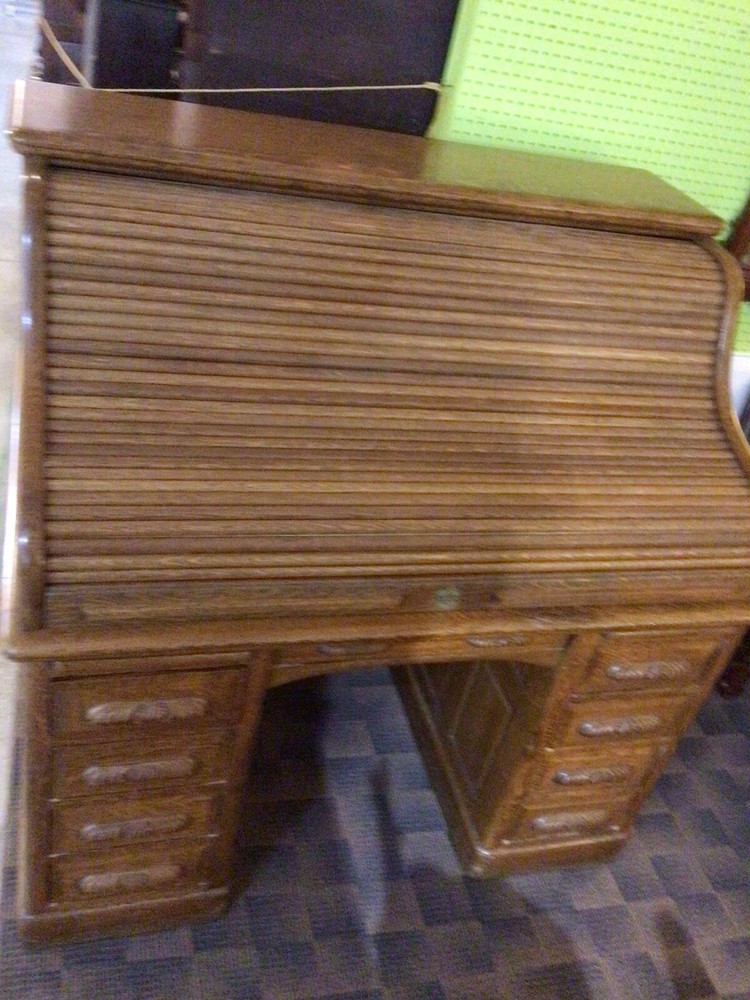 Antique Oak Roll top S Curve Desk Raised Panel Sides
