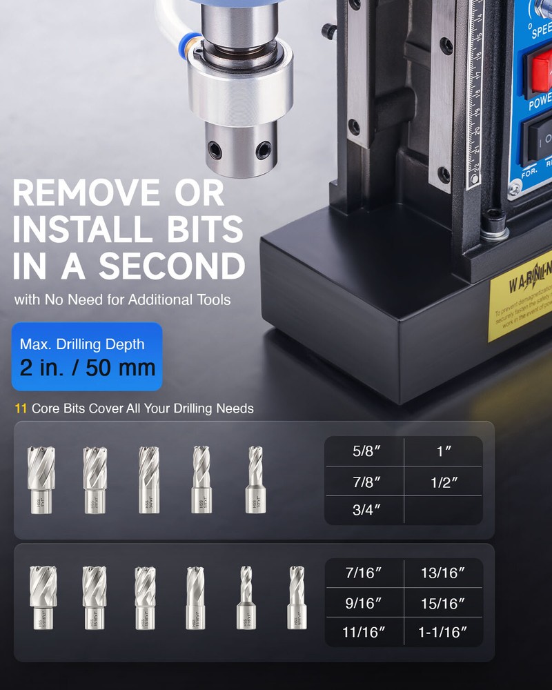 CREWORKS Magnetic Drill Machine MD50 Stepless Speed Bi-Directional HSS Bits Set