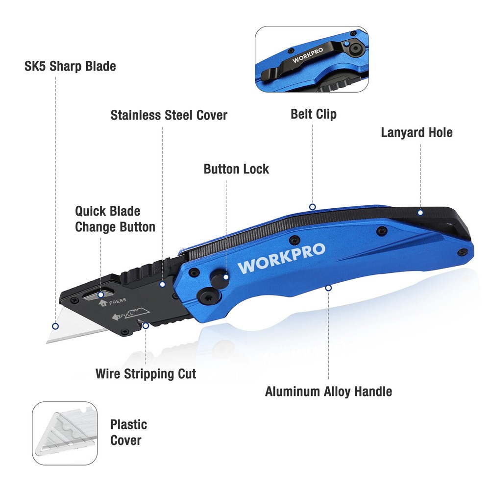 WORKPRO Folding Utility Knife, Heavy Duty Metal, Quick Open Axis Lock Box Cutter