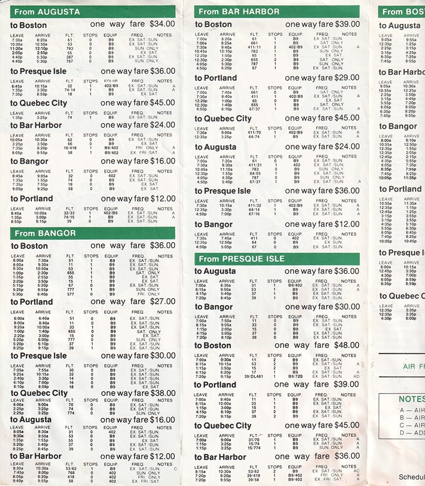 Bar Harbor Airlines timetable 1977/02/01